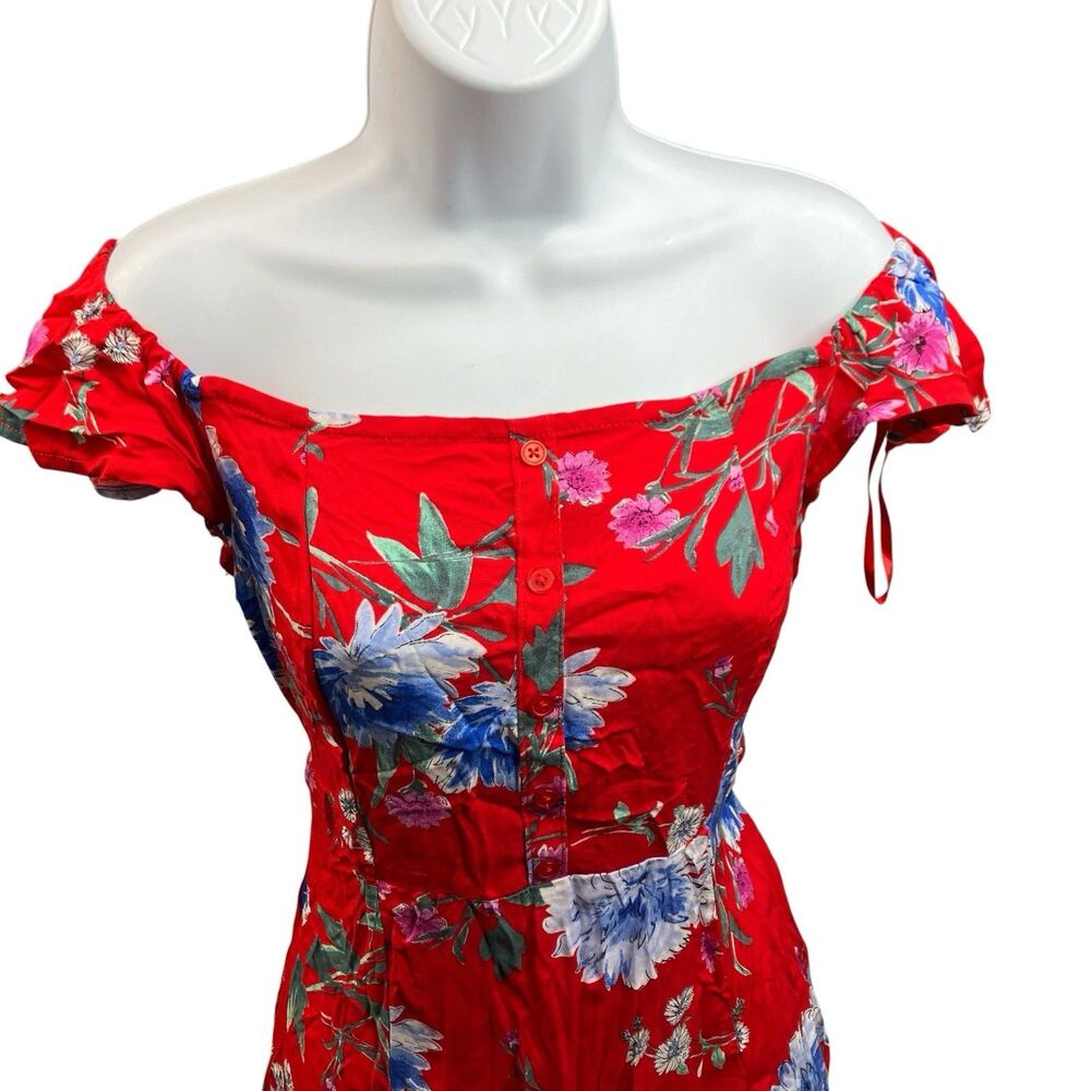Band of Gypsies Maxi Dress Womens S Red Floral Off Shoulder Waist Tie‎ Romantic - Picture 2 of 11